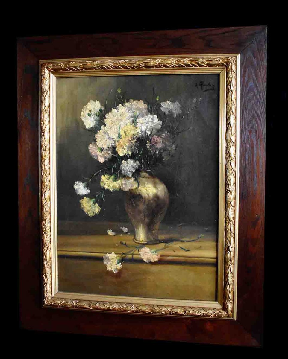 Grande Peinture Encadrée d' Alfred Rouby (1849-1909), Tableau Bouquet De Fleurs Sur Entablement