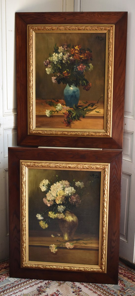 Grande Peinture Encadrée d' Alfred Rouby (1849-1909), Tableau Bouquet De Fleurs Sur Une Table.-photo-8