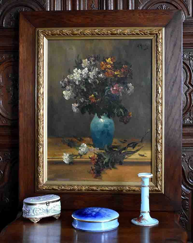 Grande Peinture Encadrée d' Alfred Rouby (1849-1909), Tableau Bouquet De Fleurs Sur Une Table.