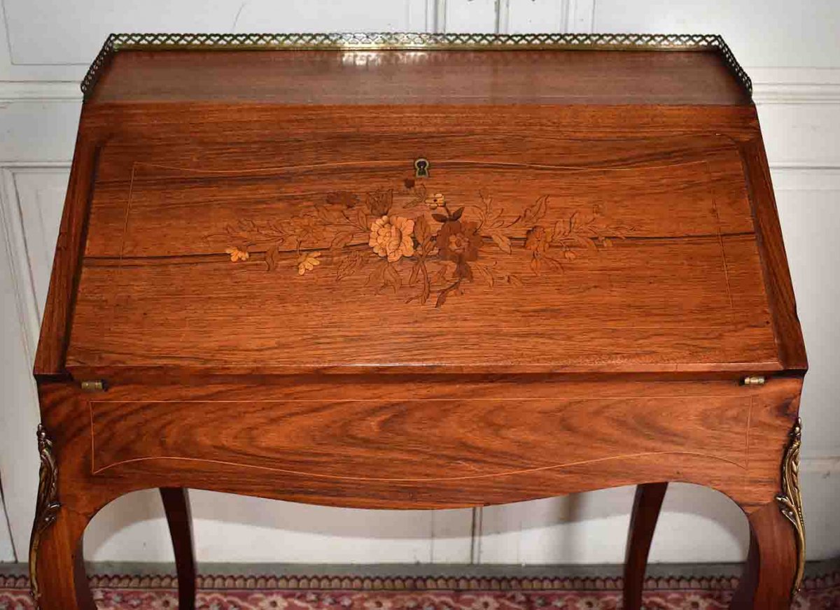 Slope Desk, Lady Secretary With Floral Marquetry Decor, Louis XV Style.-photo-2