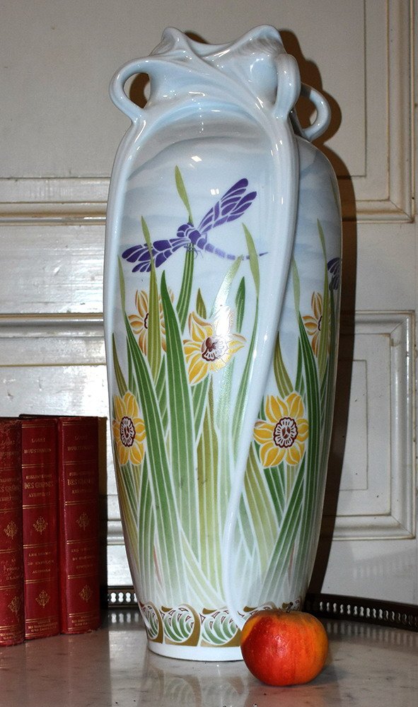 Important Vase style  Art Nouveau , Porcelaine De Limoges  Haviland,  Libellules  Et Narcisses -photo-3