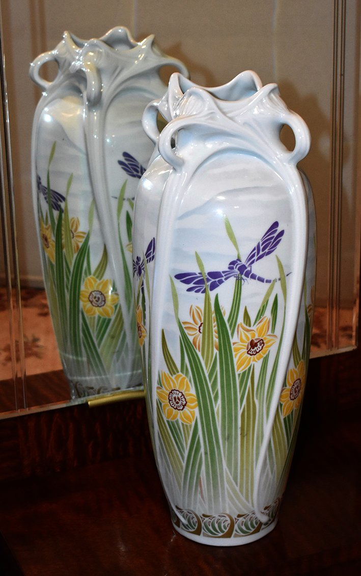 Important Vase style  Art Nouveau , Porcelaine De Limoges  Haviland,  Libellules  Et Narcisses -photo-4