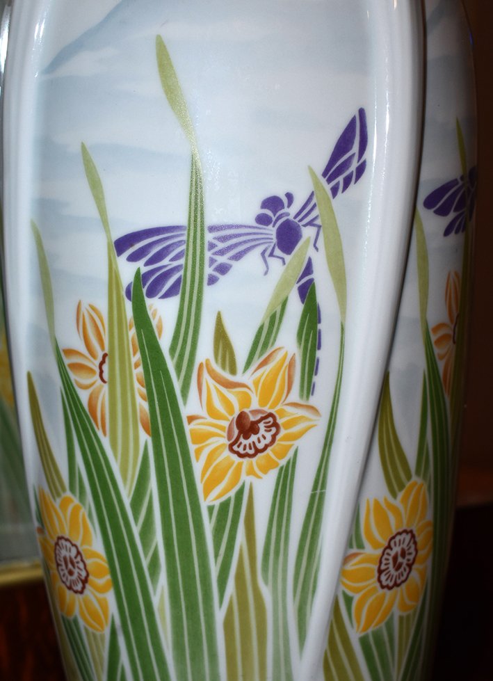 Important Vase style  Art Nouveau , Porcelaine De Limoges  Haviland,  Libellules  Et Narcisses -photo-2