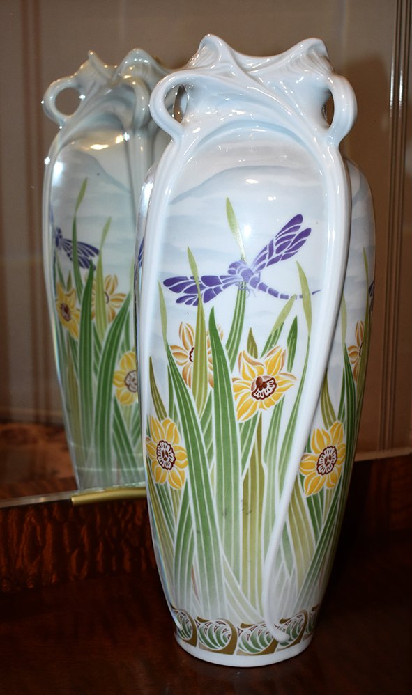 Important Vase style  Art Nouveau , Porcelaine De Limoges  Haviland,  Libellules  Et Narcisses -photo-3