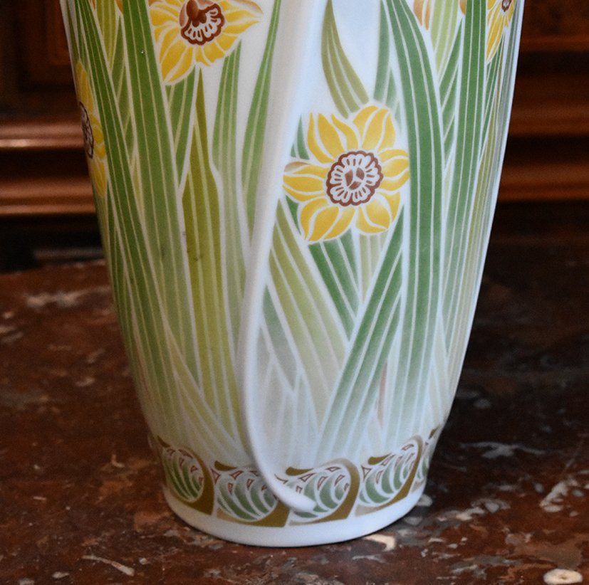 Important Vase style  Art Nouveau , Porcelaine De Limoges  Haviland,  Libellules  Et Narcisses -photo-5