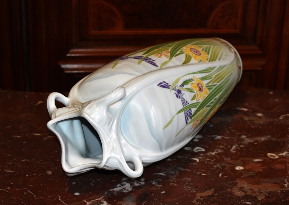 Important Vase style  Art Nouveau , Porcelaine De Limoges  Haviland,  Libellules  Et Narcisses -photo-7