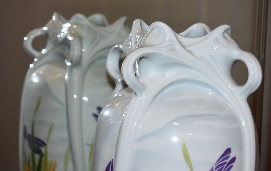 Important Vase style  Art Nouveau , Porcelaine De Limoges  Haviland,  Libellules  Et Narcisses -photo-8