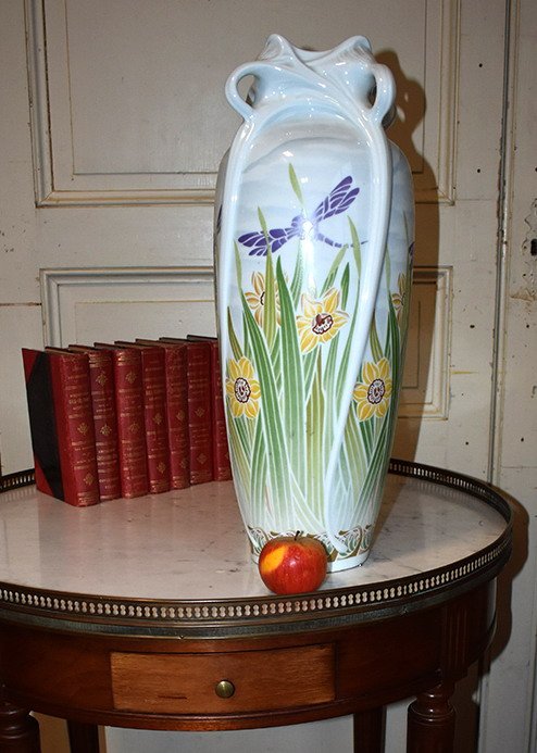 Important Vase style  Art Nouveau , Porcelaine De Limoges  Haviland,  Libellules  Et Narcisses 