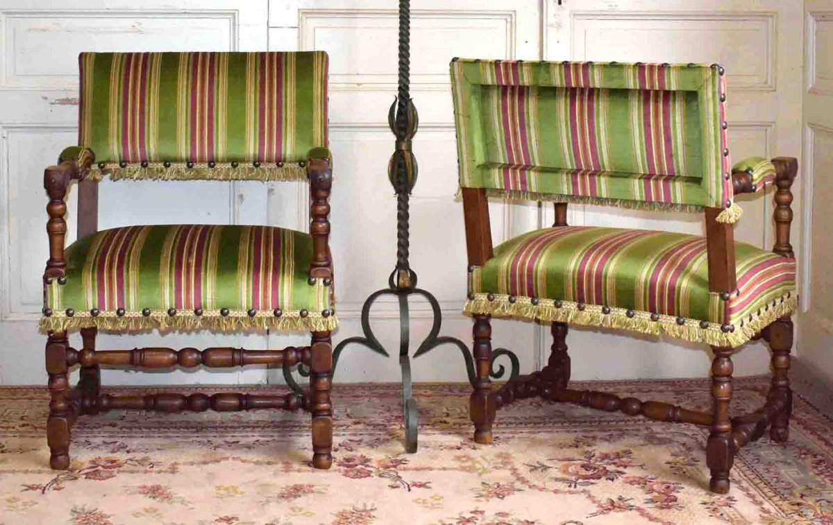 Pair Of Armchairs In Walnut, Louis XIII Style Armchairs.-photo-3