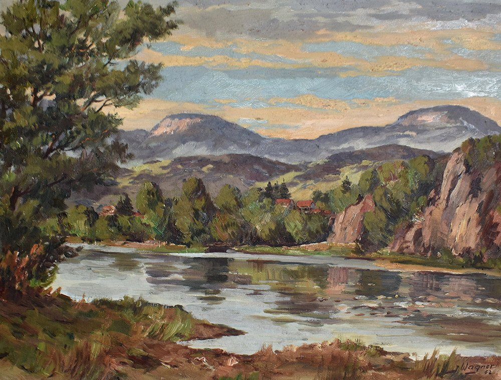 J. Wagner . Paysage Lacustre Sur Fond De Montagne, Datée 1952, Jura, Suisse, Noirmont.-photo-3