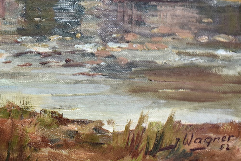 J. Wagner . Paysage Lacustre Sur Fond De Montagne, Datée 1952, Jura, Suisse, Noirmont.-photo-4
