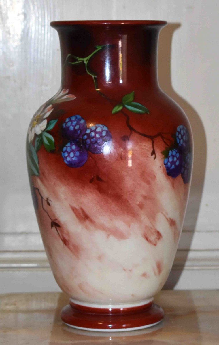 Painted And Enameled Opaline Vase, Decorated With Forest Fruits, Blackberries And Flowers.-photo-3