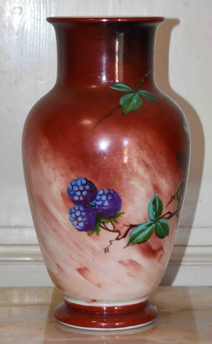 Painted And Enameled Opaline Vase, Decorated With Forest Fruits, Blackberries And Flowers.-photo-4