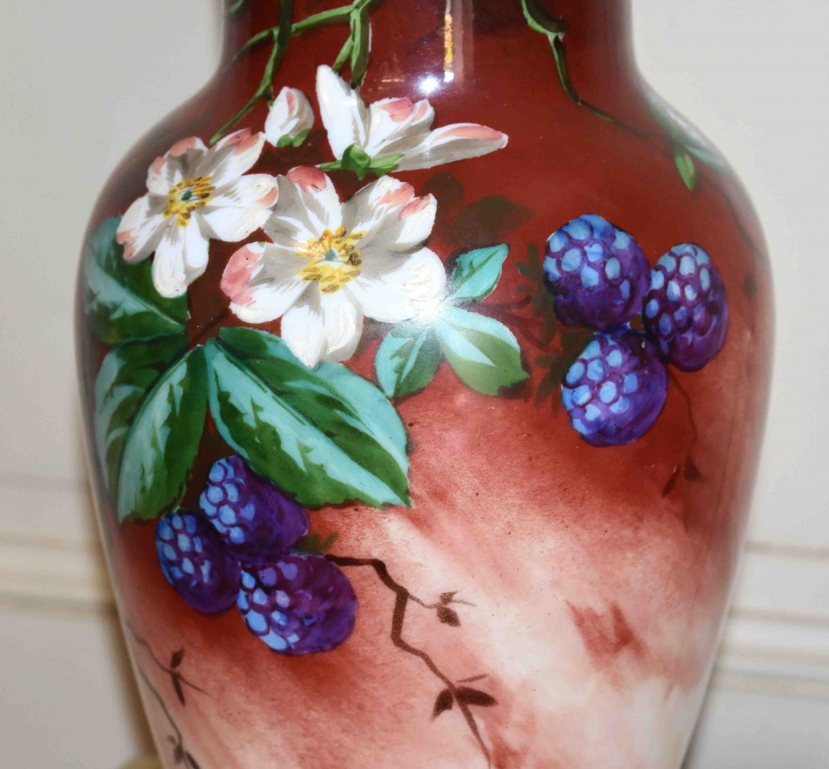 Painted And Enameled Opaline Vase, Decorated With Forest Fruits, Blackberries And Flowers.-photo-2
