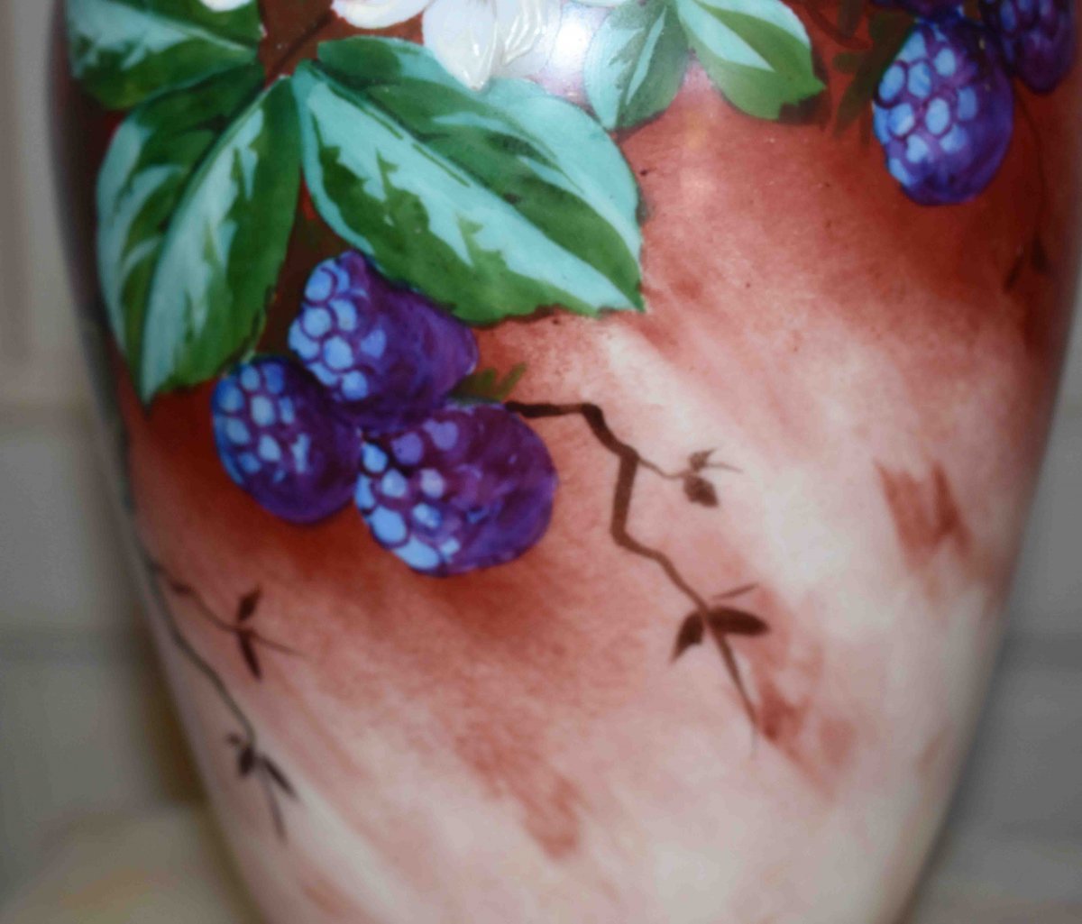 Painted And Enameled Opaline Vase, Decorated With Forest Fruits, Blackberries And Flowers.-photo-3