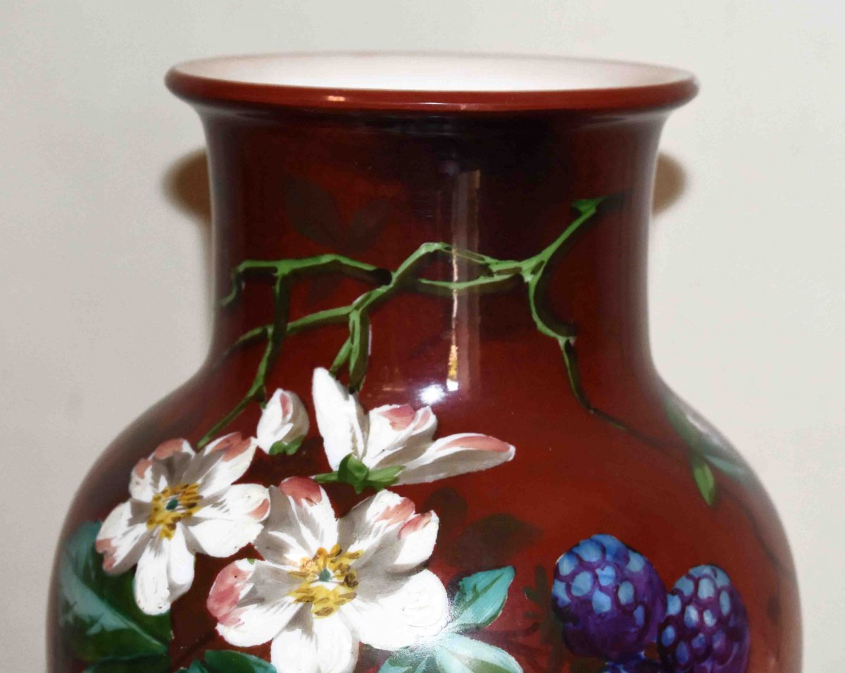 Painted And Enameled Opaline Vase, Decorated With Forest Fruits, Blackberries And Flowers.-photo-5