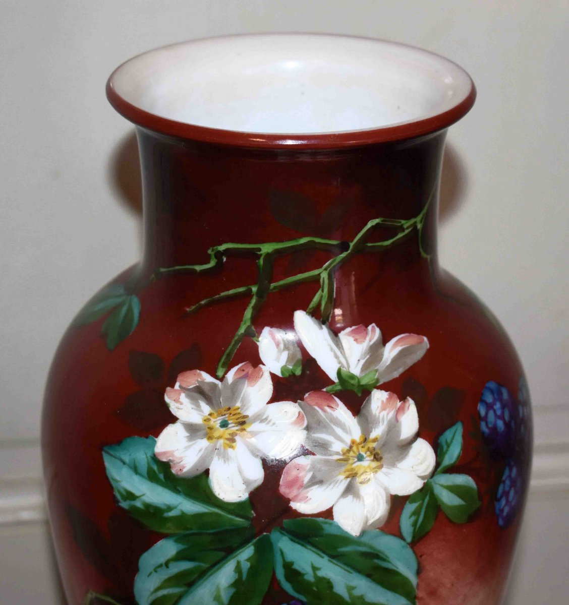 Painted And Enameled Opaline Vase, Decorated With Forest Fruits, Blackberries And Flowers.-photo-6