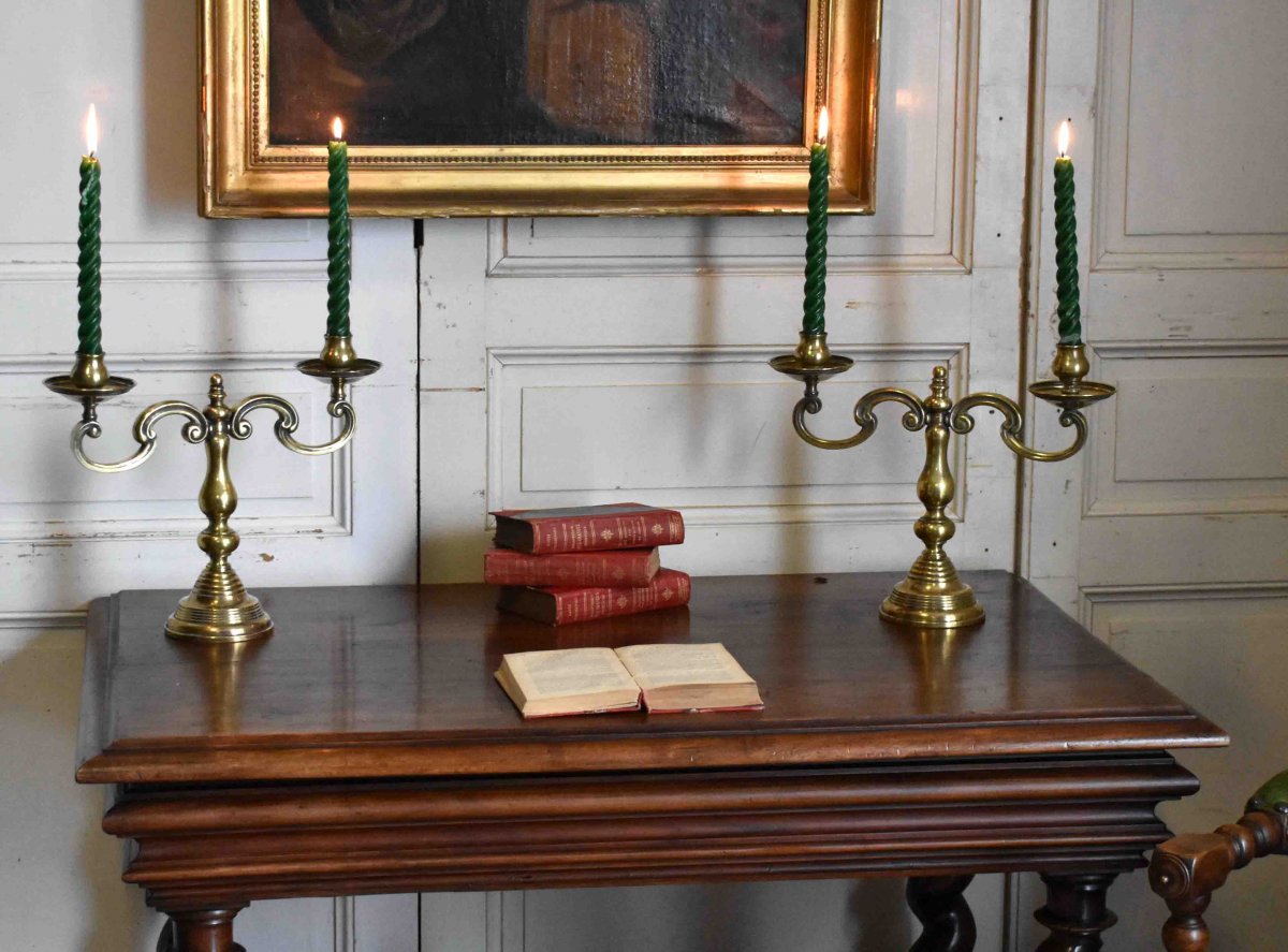 Pair Of Candlesticks, Candlesticks With 2 Arms Of Light, Bronze And Brass Candelabra-photo-3