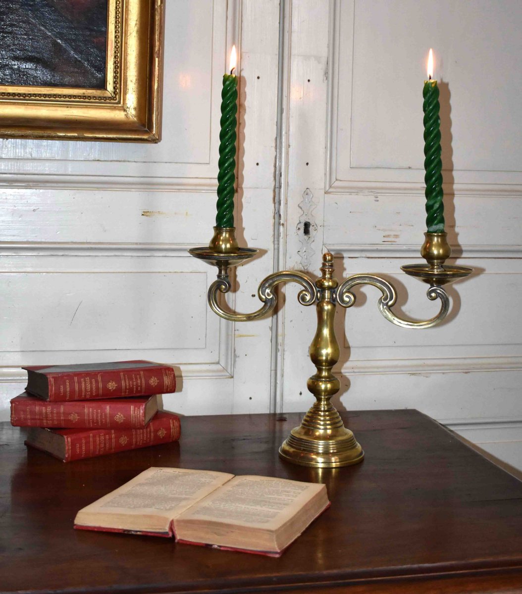 Pair Of Candlesticks, Candlesticks With 2 Arms Of Light, Bronze And Brass Candelabra-photo-4