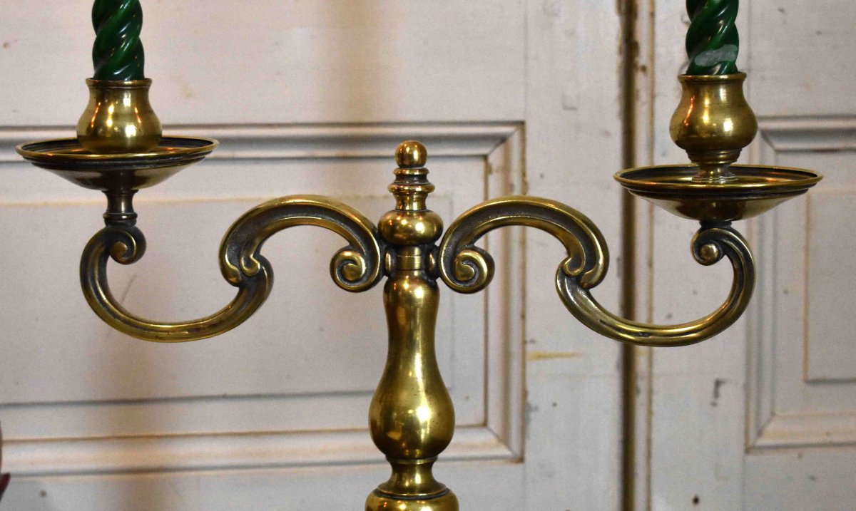 Pair Of Candlesticks, Candlesticks With 2 Arms Of Light, Bronze And Brass Candelabra-photo-2