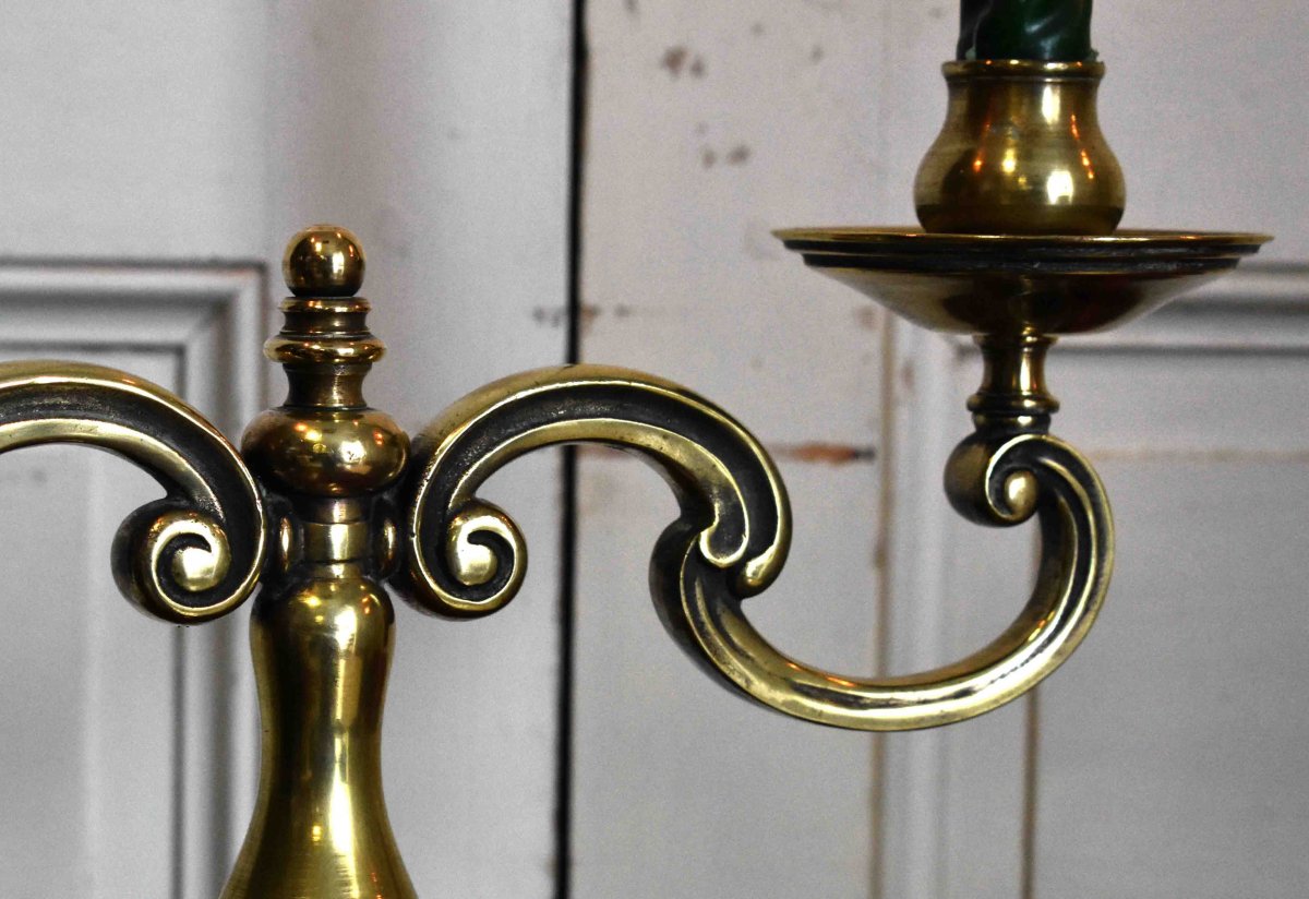 Pair Of Candlesticks, Candlesticks With 2 Arms Of Light, Bronze And Brass Candelabra-photo-3