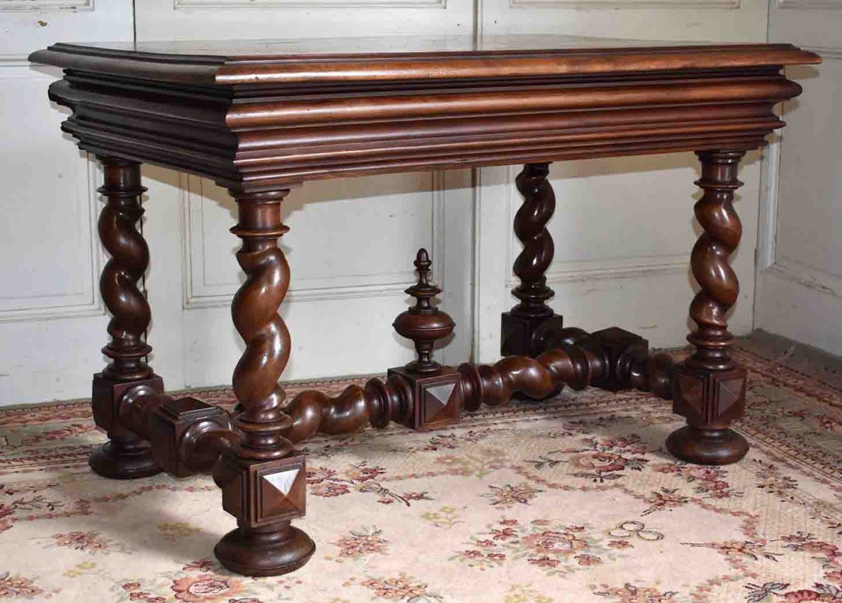 Bureau , Table De Style Louis XIII En Noyer, Pieds Torsad&eacute;s, XIX&egrave;me.-photo-1
