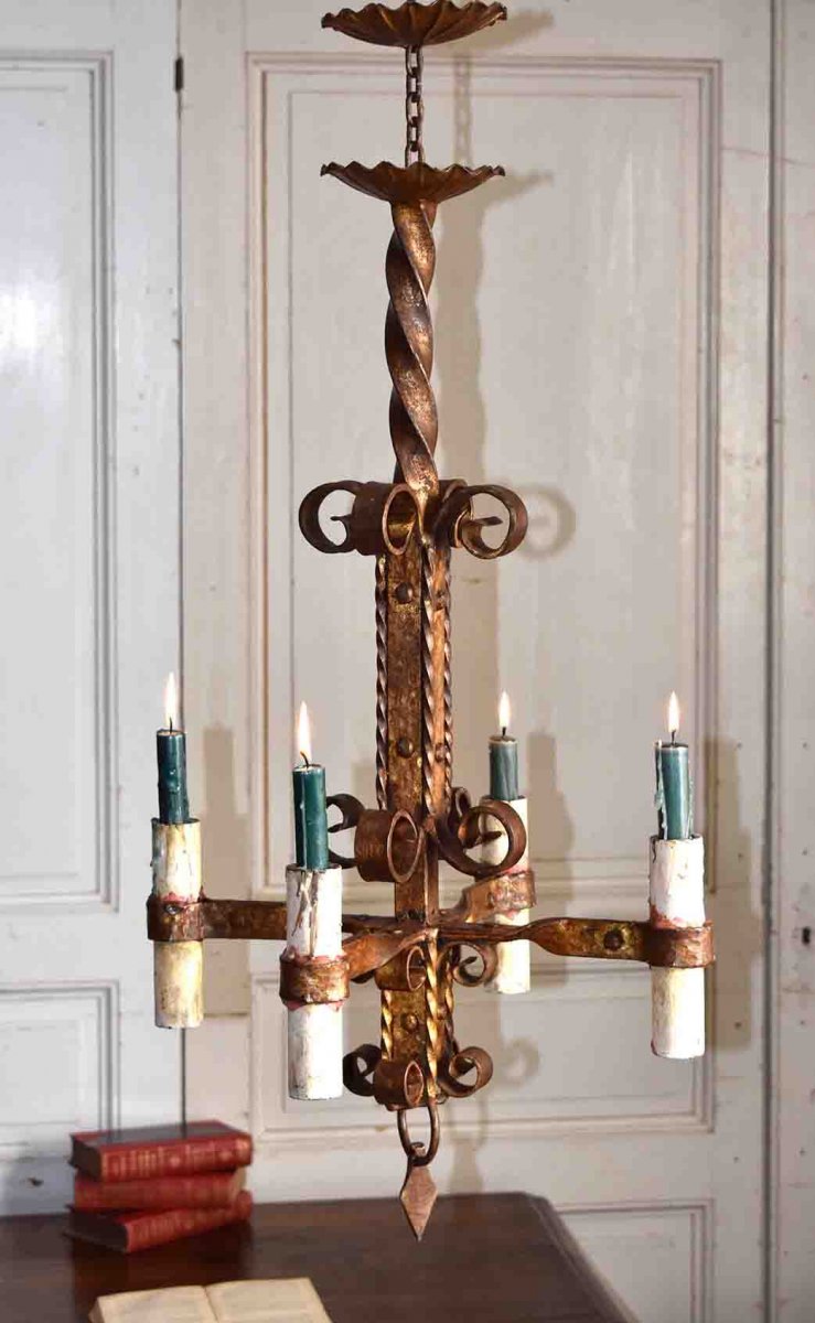 Wrought Iron Chandelier, Four Arms Of Light For Candle Lighting, Haute Epoque Style.-photo-2