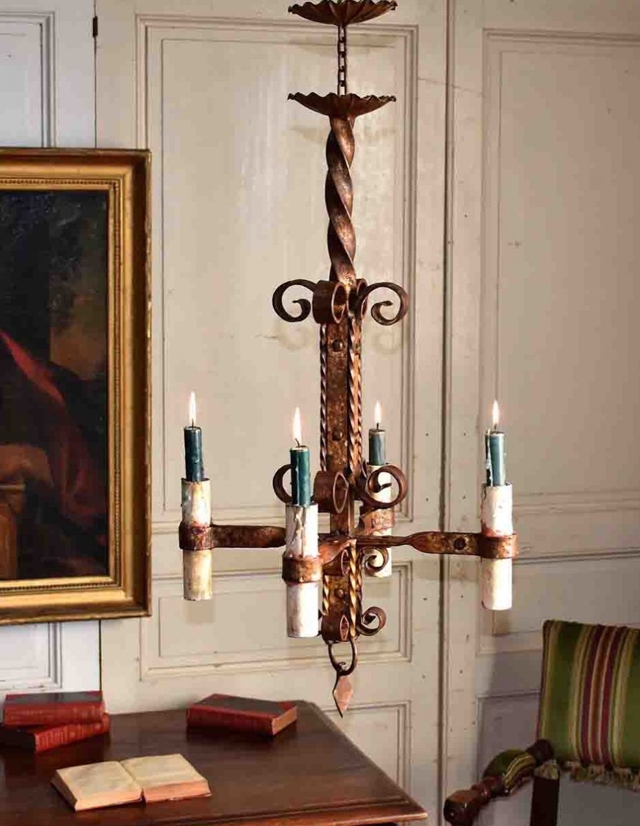 Wrought Iron Chandelier, Four Arms Of Light For Candle Lighting, Haute Epoque Style.