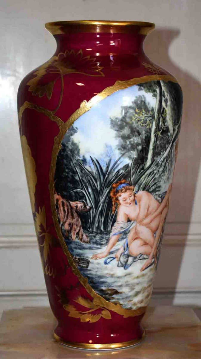 Importante Paire De Vases En Porcelaine De Limoges, Entièrement Peints à La Main, d'après François  Bouchet et Gustave Courbet-photo-4