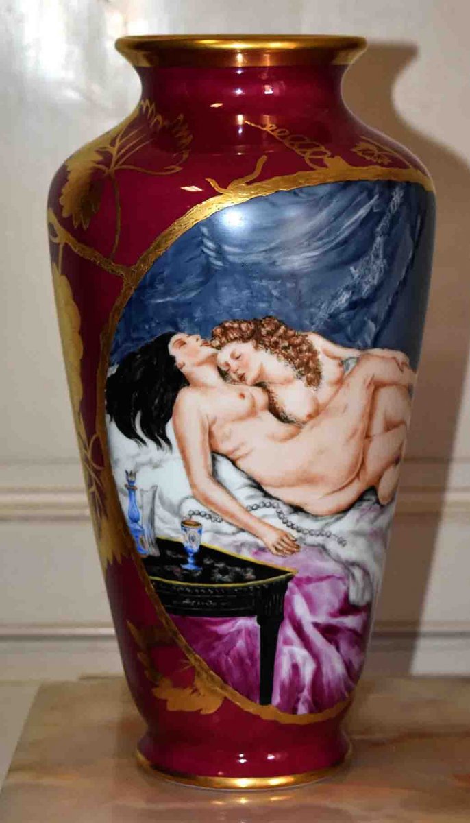 Importante Paire De Vases En Porcelaine De Limoges, Entièrement Peints à La Main, d'après François  Bouchet et Gustave Courbet-photo-5