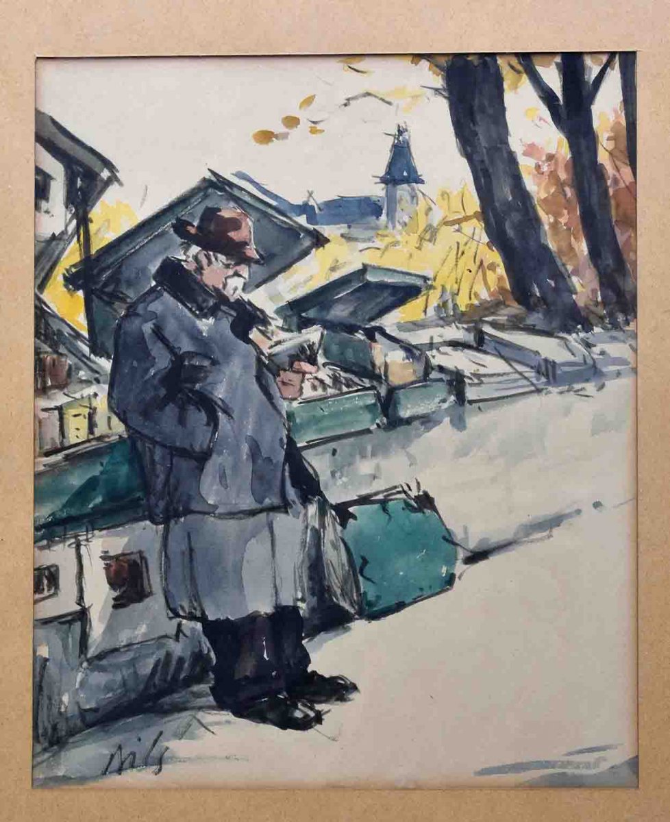 Claude Bils ( 1884-1968 ) Aquarelle Encadrée , Bouquiniste Sur Les Quais De La Seine à Paris.-photo-2