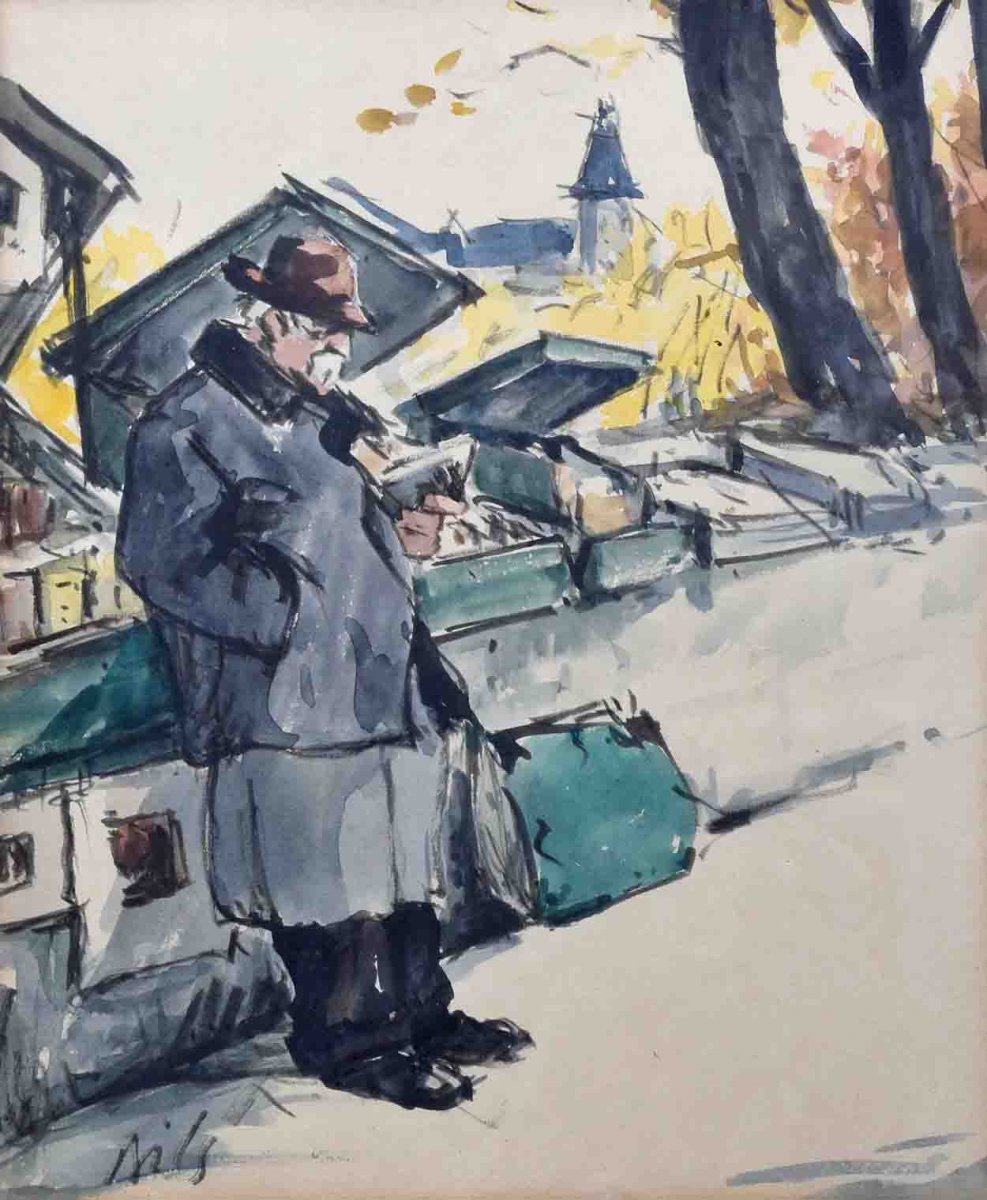 Claude Bils ( 1884-1968 ) Aquarelle Encadrée , Bouquiniste Sur Les Quais De La Seine à Paris.-photo-3