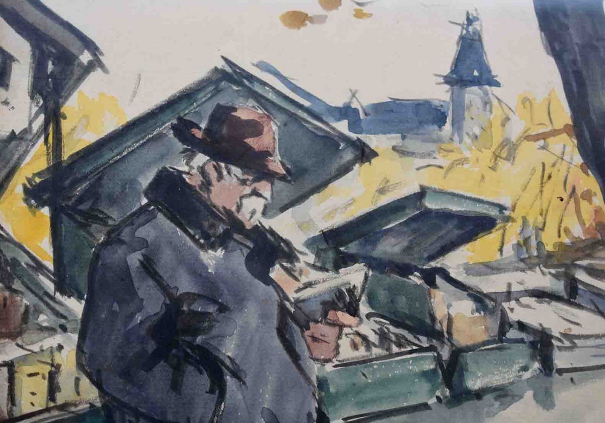 Claude Bils ( 1884-1968 ) Aquarelle Encadrée , Bouquiniste Sur Les Quais De La Seine à Paris.-photo-4