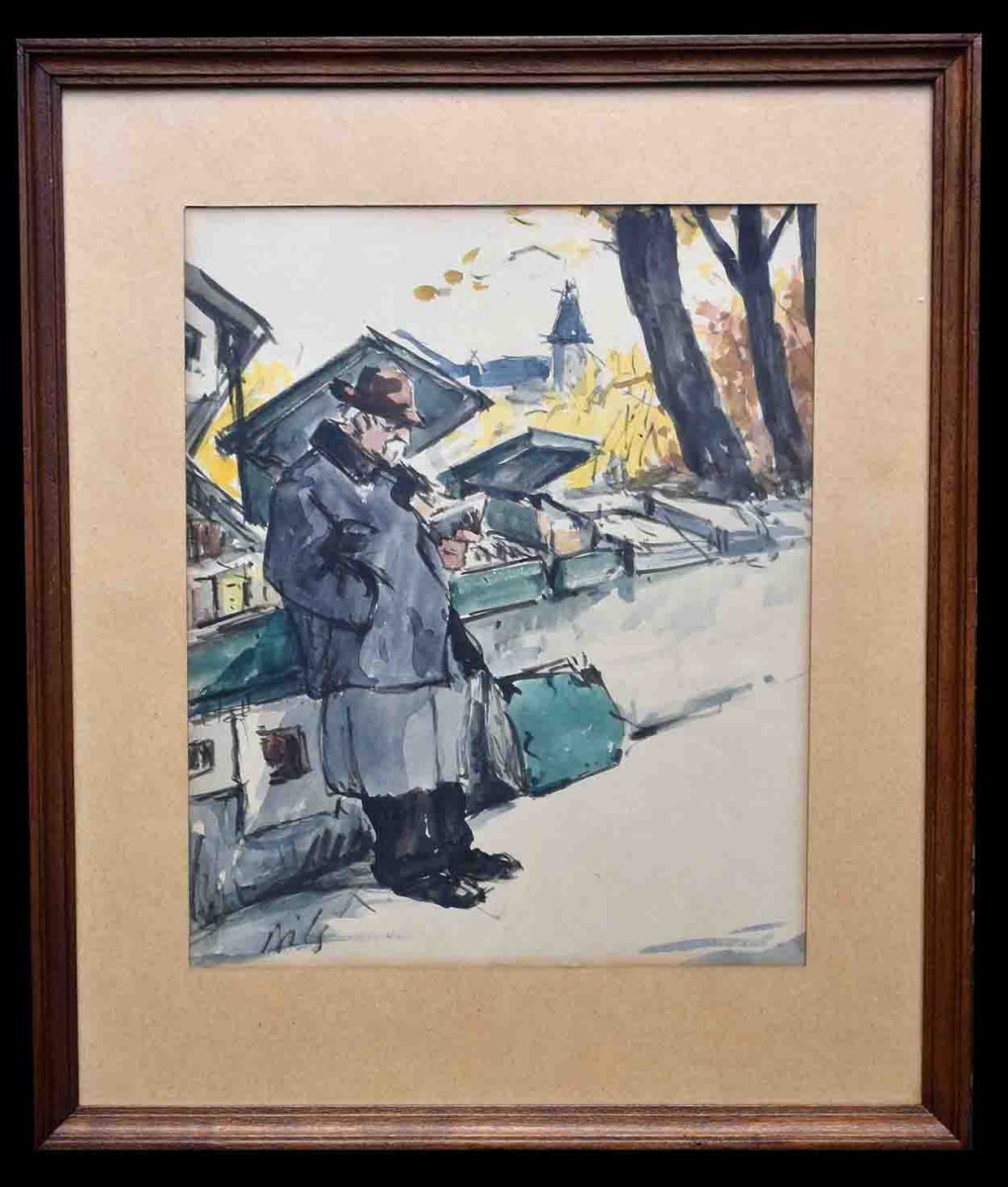Claude Bils (1884-1968) Framed Watercolor, Bookstore On The Quays Of The Seine In Paris.