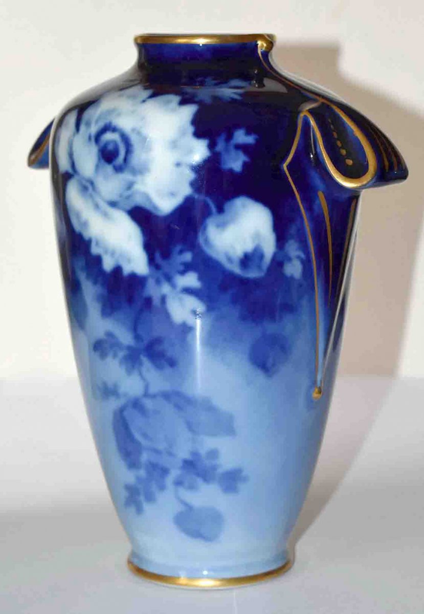 Poujol, Limoges Porcelain Vase, Roses In Blue Shades-photo-2