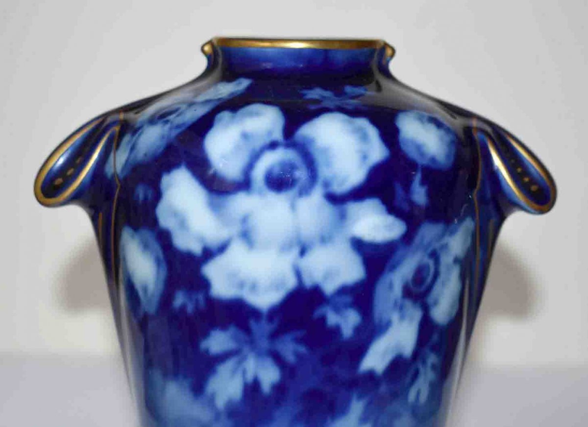 Poujol, Limoges Porcelain Vase, Roses In Blue Shades-photo-3