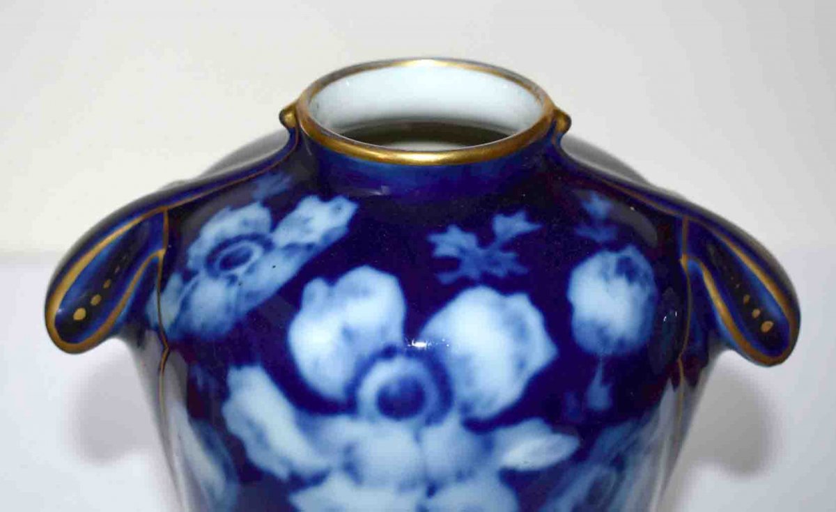Poujol, Limoges Porcelain Vase, Roses In Blue Shades-photo-4