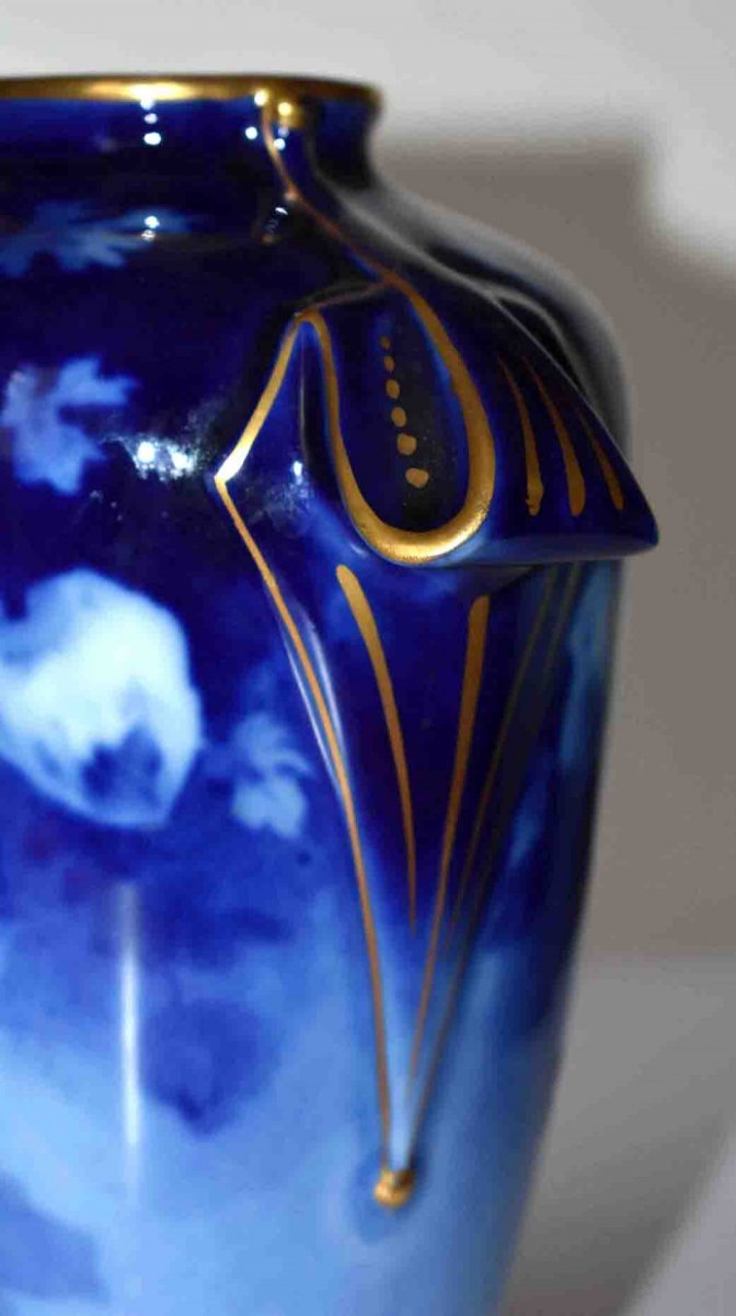 Poujol, Limoges Porcelain Vase, Roses In Blue Shades-photo-5