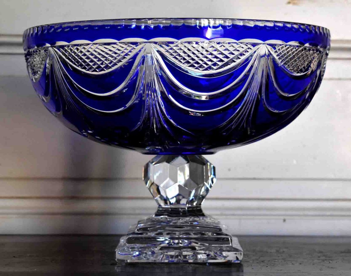 Grande Coupe  overley  Sur Pied En Cristal  Ciselé , Bleu , Cristallerie De Lorraine Lemberg ( 1925 - 1997 )-photo-3