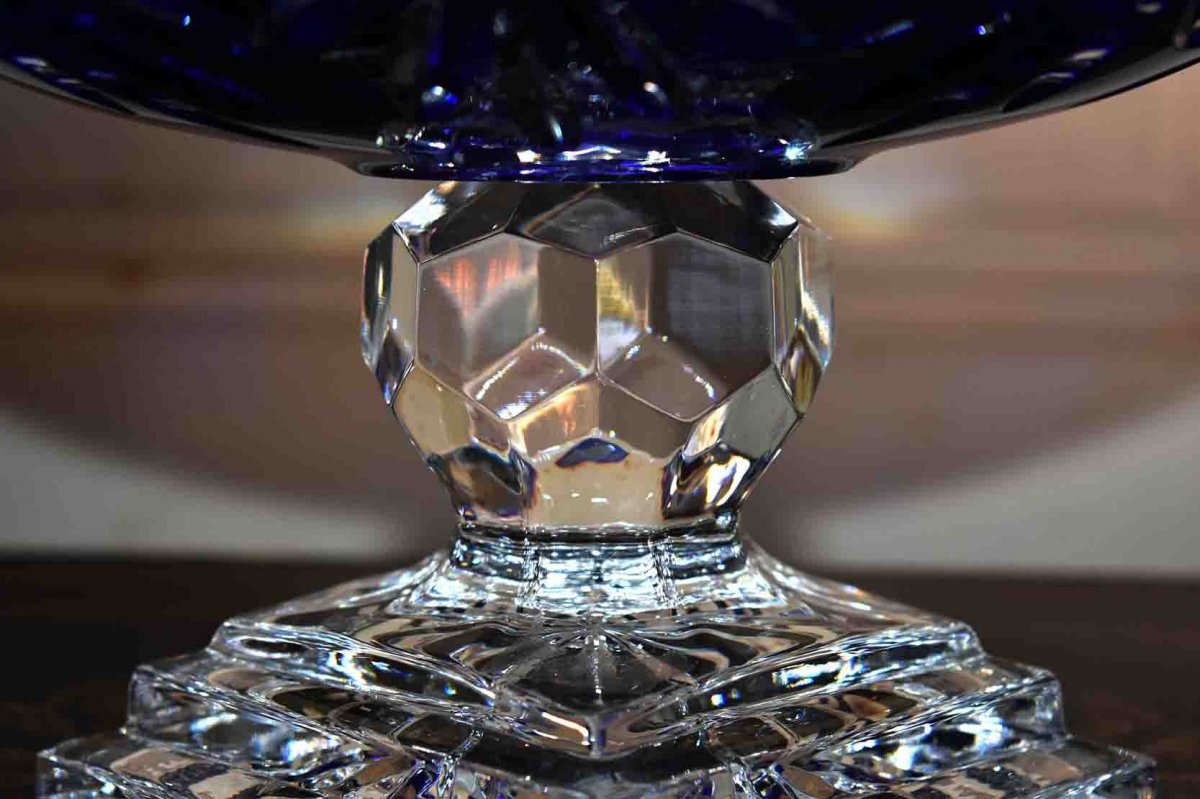 Grande Coupe  overley  Sur Pied En Cristal  Ciselé , Bleu , Cristallerie De Lorraine Lemberg ( 1925 - 1997 )-photo-6