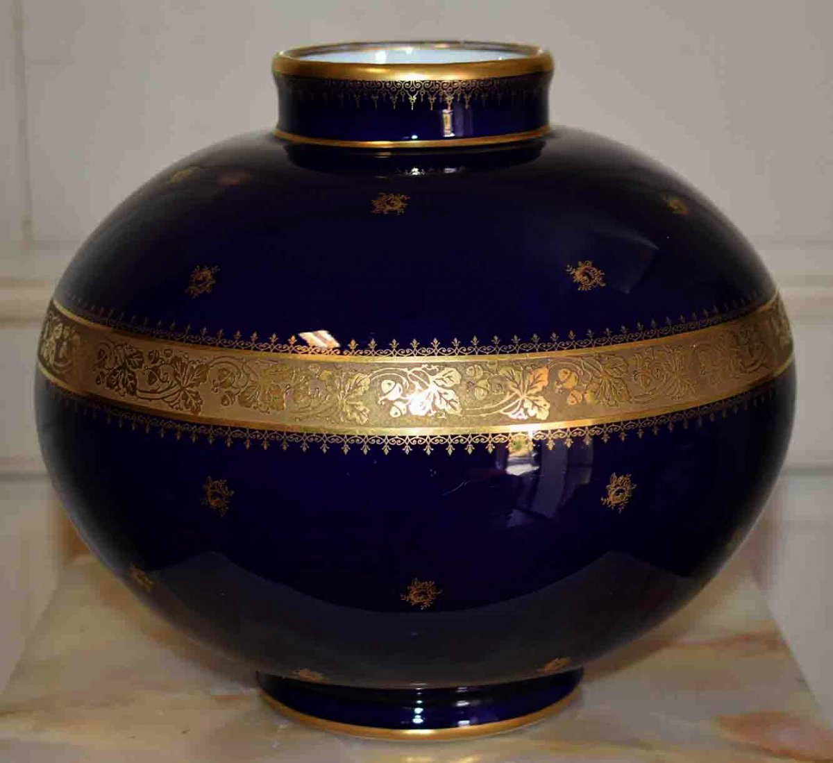 Fontanille - Marraud (1936) Large Ball Vase, Oven Blue And Double Gold Inlay,-photo-2
