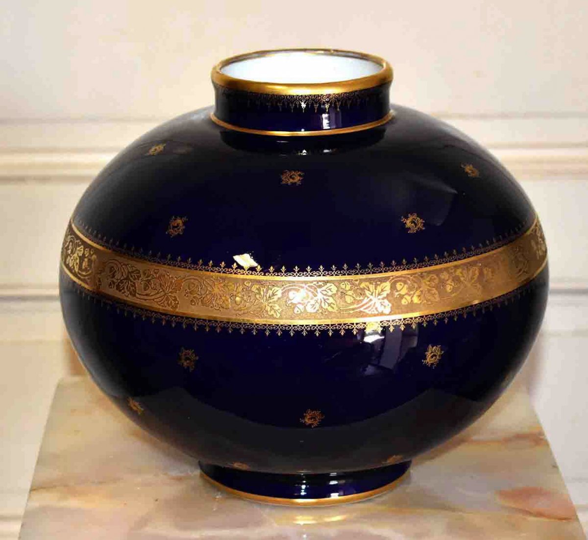 Fontanille - Marraud (1936) Large Ball Vase, Oven Blue And Double Gold Inlay,