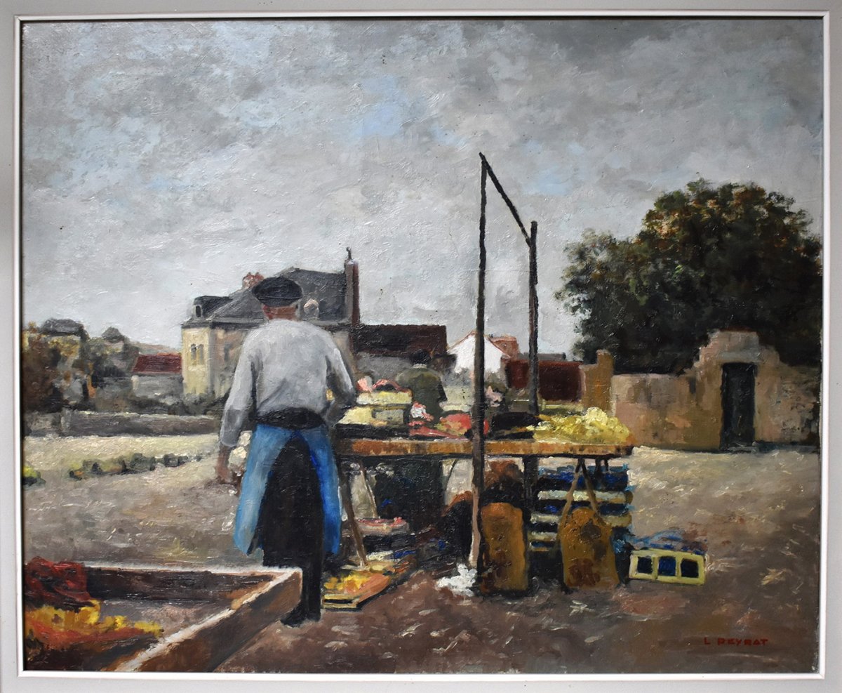 Louis Peyrat ( 1911-1999 ). Scène De Ville, Peinture d'Un Petit Marché à Limoges. grand tableau encadré.-photo-2