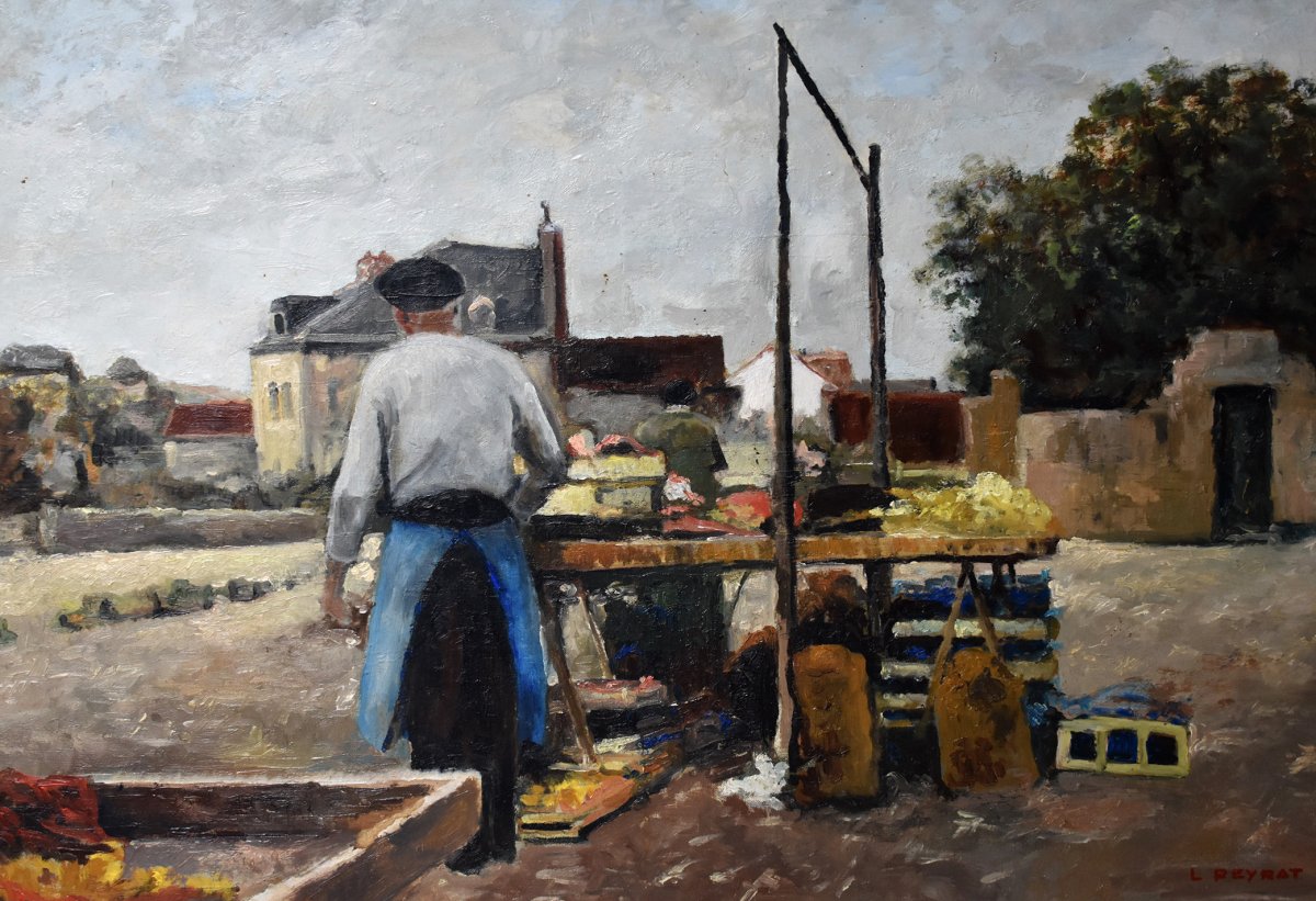 Louis Peyrat ( 1911-1999 ). Scène De Ville, Peinture d'Un Petit Marché à Limoges. grand tableau encadré.-photo-3