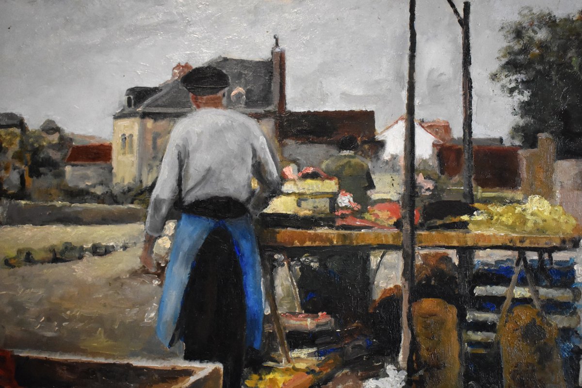 Louis Peyrat ( 1911-1999 ). Scène De Ville, Peinture d'Un Petit Marché à Limoges. grand tableau encadré.-photo-4