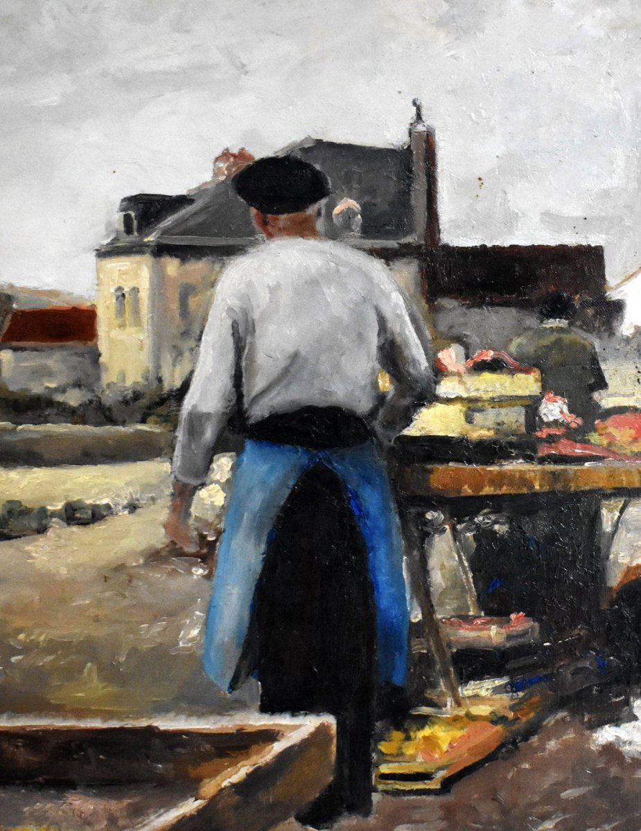 Louis Peyrat ( 1911-1999 ). Scène De Ville, Peinture d'Un Petit Marché à Limoges. grand tableau encadré.-photo-1