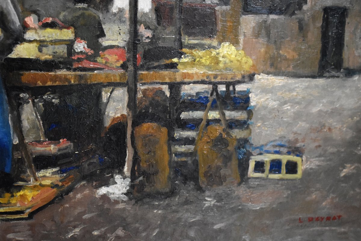 Louis Peyrat ( 1911-1999 ). Scène De Ville, Peinture d'Un Petit Marché à Limoges. grand tableau encadré.-photo-4