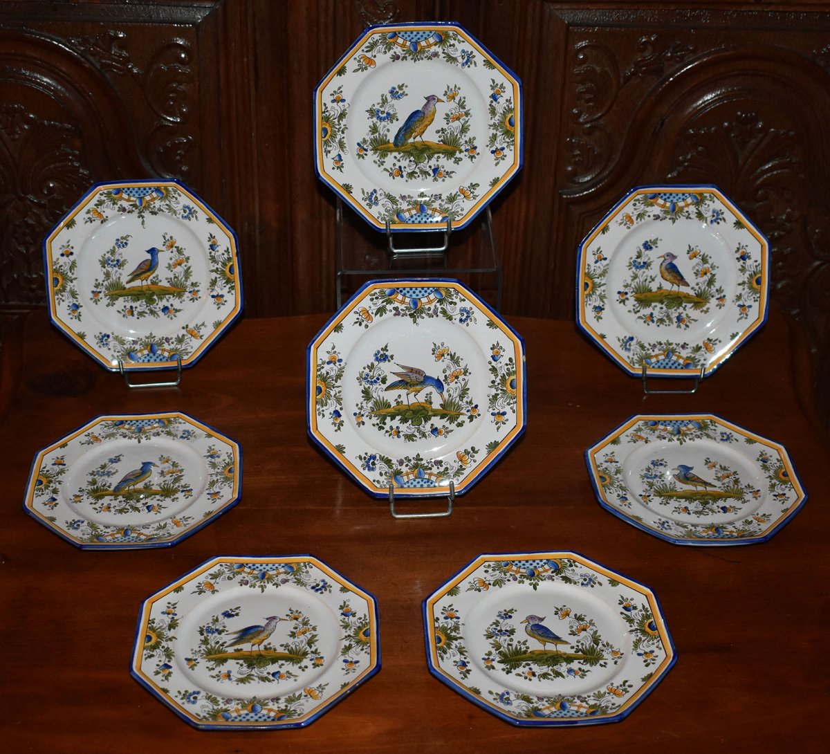 Alfred Renoleau  (1854-1930) Fa&iuml;ence  Angoul&ecirc;me. Suite De Huit Assiettes &agrave; Dessert D&eacute;cor Grands Oiseaux, Echassiers.
