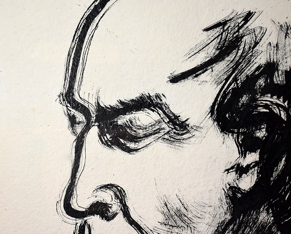 François Mitterrand Par Jean Edern Hallier, Important et rare dessin à l'Encre , daté et signé 1994.-photo-3