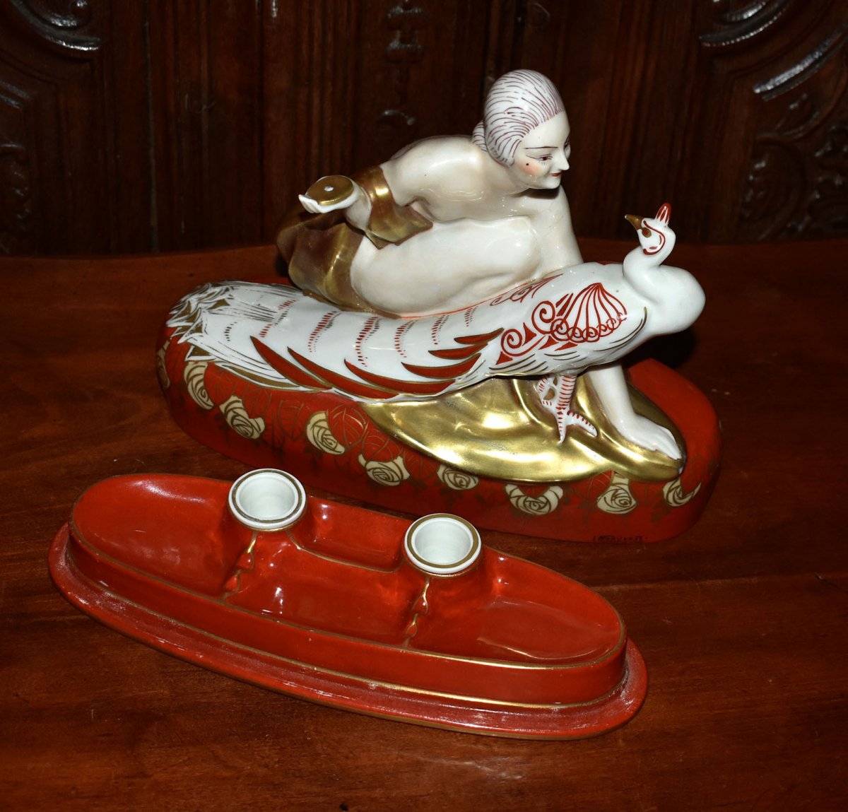 Pierre Traverse For Aladdin Luxe, Art Deco Porcelain Inkwell, Woman With Peacock.-photo-2